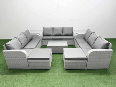 B&Q -  Pe Rattan Lounge Sofa Set 11 Seater Rectangular Coffee Table 3 Seater Sofa 2 Big Footstools 2 Side Table Light Grey