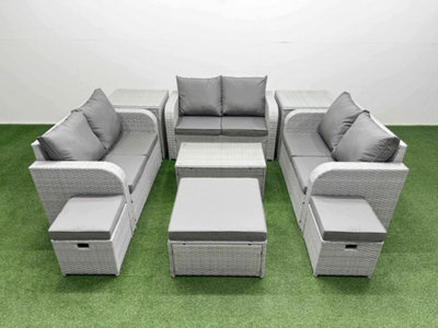 B&Q -  9 Seater Pe Wicker Rattan Furniture Sofa Sets Rectangular Coffee Table 2 Seater Love Sofa 3 Stool 2 Side Table Light Grey