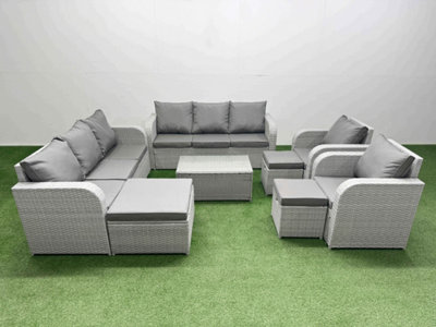 Fimous Pe Rattan High Back Lounge Sofa Set Coffee Table & Chairs Set 3 Seater Sofa Reclining Chair 3 Stools Light/Grey