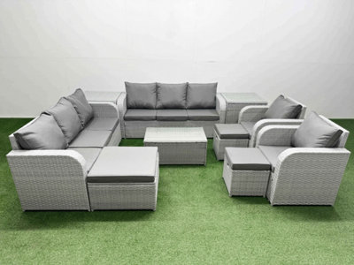 Fimous Pe Rattan High Back Lounge Sofa Set Coffee Table & Chairs Set 3 Seater Sofa Reclining Chair 3 Stools 2 Side Table
