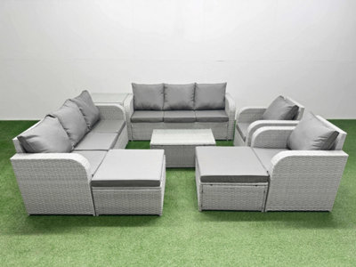Fimous Pe Rattan High Back Lounge Sofa Set Coffee Table & Chair Set 3 Seater Sofa Reclining Chair 2 Big Footstool Side Table