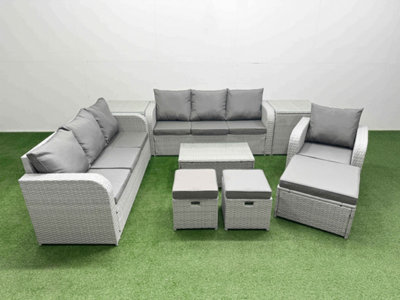 B&Q -  10 Seater Poly Rattan Outdoor Garden Furniture Sofa Set 3 Seater Sofa 3 Stools 2 Side Table Light Grey