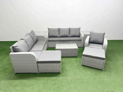 Fimous 9 Seater Poly Rattan Outdoor Garden Furniture Sofa Set 3 Seater Sofa 2 Big Footstools 2 Side Table Light Grey from B&Q