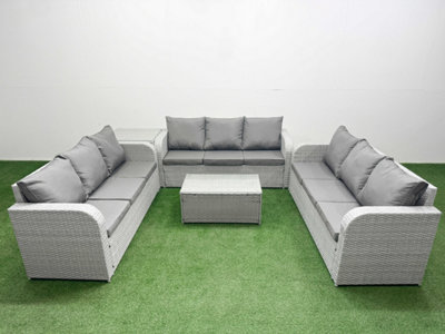 B&Q -  Pe Rattan Lounge Sofa Set 9 Seater Rectangular Coffee Table 3 Seater Sofa Side Table Light Grey