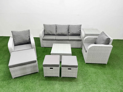 B&Q -  Pe Rattan Garden Furniture Set Reclining Chair Sofa Lounge Sofa Set Square Coffee Table Side Table 3 Stools Light Grey