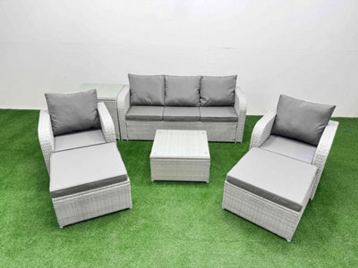B&Q -  Pe Rattan Garden Furniture Set Reclining Chair Lounge Sofa Set Square Coffee Table Side Table 2 Big Footstool Light Grey
