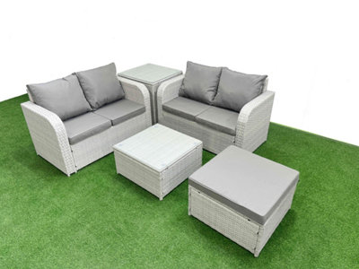 B&Q -  5 Seater Outdoor Love Sofa Set Rattan Garden Furniture Set Square Coffee Table Big Footstool Side Table Light Grey