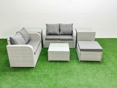 B&Q -  5 Seater Outdoor Love Sofa Set Rattan Garden Furniture Set Square Coffee Table Big Footstool 2 Side Tables Light Grey