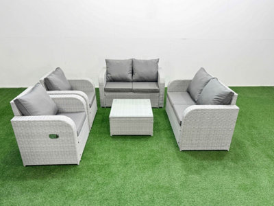 B&Q -  6 Seater Outdoor Reclining Chair Love Sofa Set Rattan Garden Furniture Set Square Coffee Table Light Grey