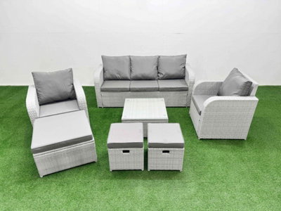 Fimous Pe Rattan Garden Furniture Set Reclining Chair Sofa Lounge Sofa Set Square Coffee Table 3 Stools Light Grey from B&Q