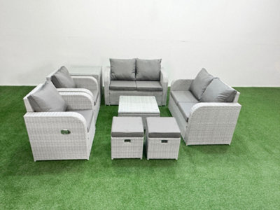 B&Q -  8 Seater Outdoor Reclining Chair Love Sofa Set Rattan Garden Furniture Set Square Coffee Table 2 Stools Side Table