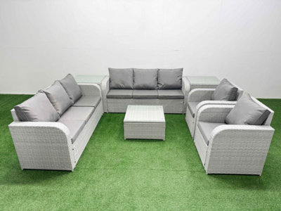B&Q -  Pe Rattan High Back Lounge Sofa Set Square Coffee Table & Chairs Set 3 Seater Sofa 2 Side Table Light Grey
