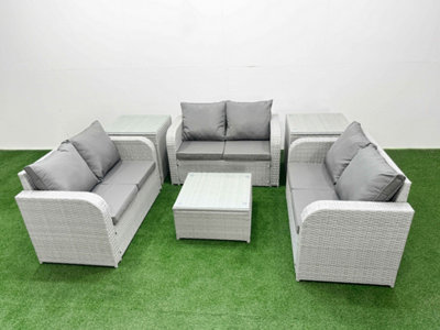 B&Q -  6 Seater Pe Wicker Rattan Furniture Sofa Sets Square Coffee Table 2 Seater Love Sofa 2 Side Table Light Grey
