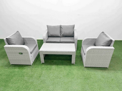 Fimous Light Grey Pe Wicker Rattan Garden Furniture Set Sofa Set Reclining Adjustable Chair Oblong Coffee Table 4 Seater