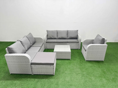 B&Q -  8 Seater Poly Rattan Outdoor Garden Furniture Square Coffee Table Sofa Set 3 Seater Sofabig Footstool Light Grey