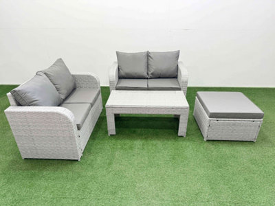 B&Q -  5 Seater Outdoor Love Sofa Set Rattan Garden Furniture Set Oblong Coffee Table Big Footstool Light Grey