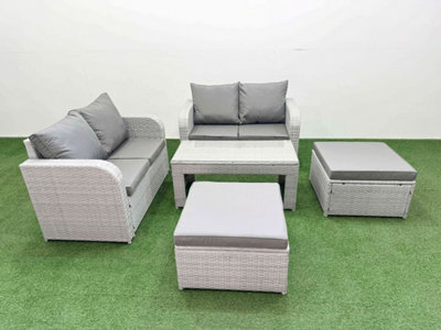 B&Q -  6 Seater Outdoor Love Sofa Set Rattan Garden Furniture Set Oblong Coffee Table 2 Footstool Light Grey