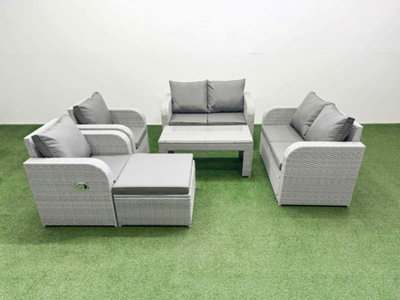 Fimous 7 Seater Outdoor Reclining Chair Love Sofa Set Rattan Garden Furniture Set Oblong Coffee Table Footstool Light/Grey