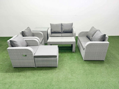 Fimous 7 Seater Outdoor Reclining Chair Love Sofa Set Rattan Garden Furniture Set Oblong Coffee Table Footstool Side Table from B&Q