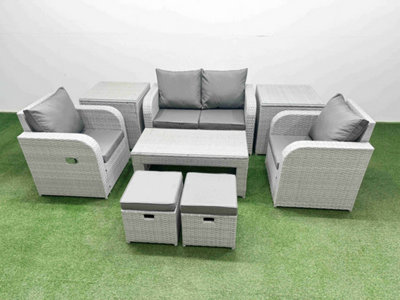 Fimous Light Grey Pe Wicker Rattan Garden Furniture Set Sofa Set Reclining Adjustable Chair 6 Seater 2 Small Stools 2 Side Table from B&Q