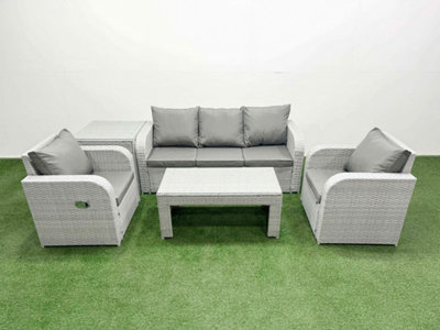 B&Q -  Pe Rattan Garden Furniture Set Reclining Chair Sofa Lounge Sofa Set Rectangular Coffee Table Side Table Light Grey