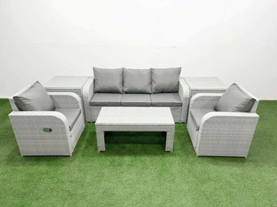 B&Q -  Pe Rattan Garden Furniture Set Reclining Chair Sofa Lounge Sofa Set Rectangular Coffee Table 2 Side Table Light Grey