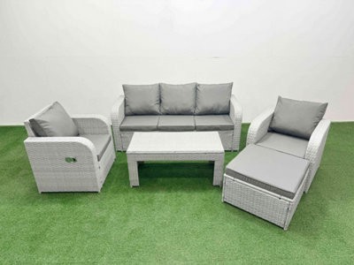 Fimous Pe Rattan Garden Furniture Set Reclining Chair Sofa Lounge Sofa Set Rectangular Coffee Table Big Footstool Light Grey from B&Q