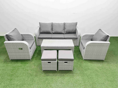 Fimous Pe Rattan Garden Furniture Set Reclining Chair Sofa Lounge Sofa Set Rectangular Coffee Table 2 Small Stools Light Grey from B&Q