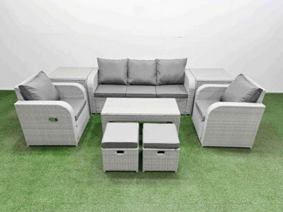 B&Q -  Pe Rattan Garden Furniture Set Reclining Chair Sofa Lounge Sofa Set Rectangular Coffee Table 2 Side Table 2 Small Stools