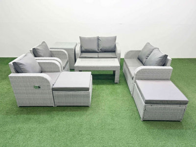 B&Q -  8 Seater Outdoor Reclining Chair Love Sofa Set Rattan Garden Furniture Set Oblong Coffee Table 2 Big Footstools Side Table