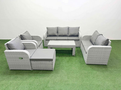 Fimous Pe Rattan Garden Furniture Set Adjustable Chair Sofa Double Love Seat 2 Seater Sofa Lounge Set Big Footstool Light Grey from B&Q
