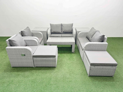 Fimous 8 Seater Outdoor Reclining Chair Love Sofa Set Rattan Garden Furniture Set Oblong Coffee Table 2 Footstools 2 Side Table