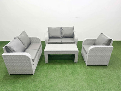 Fimous Light/Grey High Back Poly Rattan Garden Furniture Set Reclining Chair Loveseat Sofa Oblong Coffee Table Set