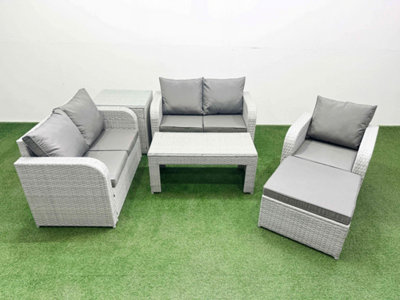 Fimous High Back Poly Rattan Garden Furniture Set Reclining Chair Loveseat Sofa Oblong Coffee Table Set Big Stool Side Table
