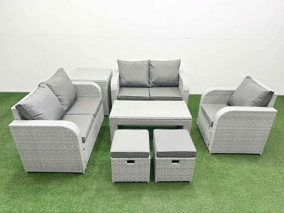Fimous High Back Poly Rattan Garden Furniture Set Reclining Chair Loveseat Sofa Oblong Coffee Table Set 2 Stool Side Table