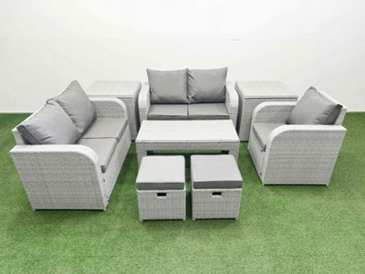 Fimous High Back Poly Rattan Garden Furniture Set Reclining Chair Loveseat Sofa Oblong Coffee Table Set 2 Stool 2 Side Table