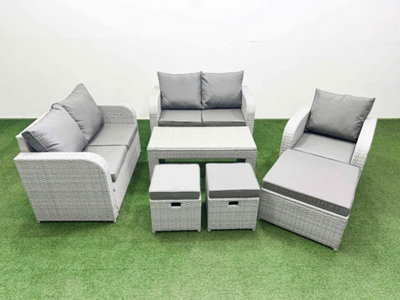 Fimous High Back Poly Rattan Garden Furniture Set Reclining Chair Loveseat Sofa Oblong Coffee Table Set 3 Stools Light/Grey