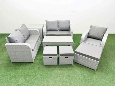 Fimous High Back Poly Rattan Garden Furniture Set Reclining Chair Loveseat Sofa Oblong Coffee Table Set 3 Stools Side Table