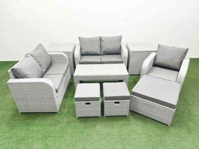 Fimous High Back Poly Rattan Garden Furniture Set Reclining Chair Loveseat Sofa Oblong Coffee Table Set 3 Stools 2 Side Table