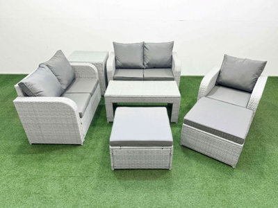 Fimous High Back Poly Rattan Garden Furniture Set Reclining Chair Loveseat Sofa Oblong Coffee Table Set 2 Big Stool Side Table