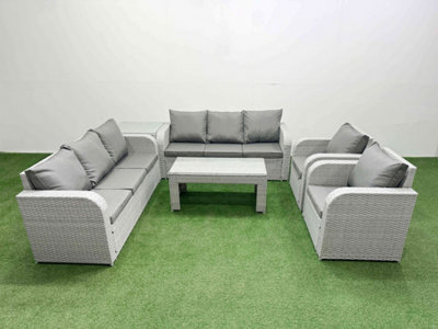 Fimous Pe Rattan High Back Lounge Sofa Set Oblong Coffee Table & Chairs Set Reclining Chair Side Table Light/Grey