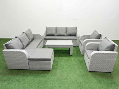 B&Q -  Pe Rattan High Back Lounge Sofa Set Oblong Coffee Table & Chairs Set Reclining Chair Big Footstool Light Grey