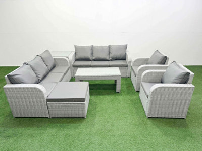 Fimous Pe Rattan High Back Lounge Sofa Set Oblong Coffee Table & Chairs Set Reclining Chair Big Footstool Side Table