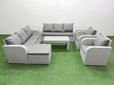 B&Q -  Pe Rattan High Back Lounge Sofa Set Oblong Coffee Table & Chairs Set Reclining Chair Big Footstool 2 Side Table