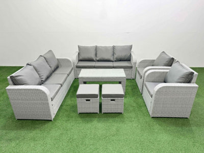 Fimous Pe Rattan High Back Lounge Sofa Set Oblong Coffee Table & Chairs Set 3 Seater Sofa Reclining Chair Stools Light/Grey
