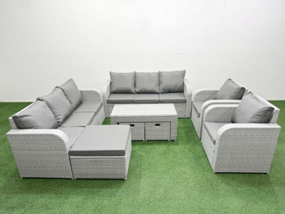 Fimous Pe Rattan High Back Lounge Sofa Set Oblong Coffee Table & Chairs Set Reclining Chair 3 Stools Light/Grey