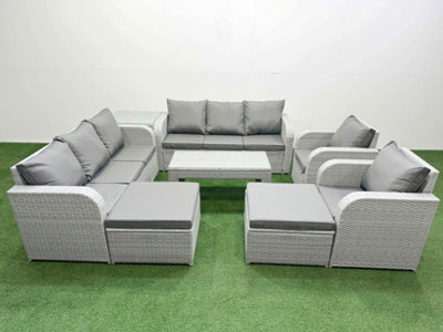 B&Q -  Pe Rattan High Back Lounge Sofa Set Oblong Coffee Table & Chairs Set Reclining Chair 2 Big Footstool Side Table