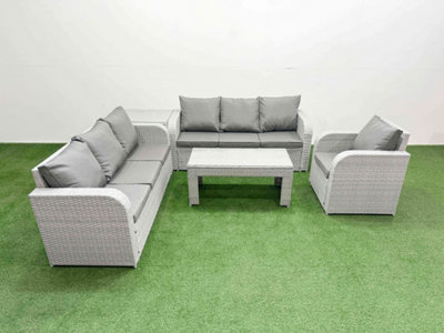 Fimous 7 Seater Poly Rattan Outdoor Garden Furniture Oblong Coffee Table Sofa Set Reclining Chair Side Table Light/Grey