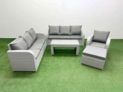 Fimous 8 Seater Poly Rattan Outdoor Garden Furniture Oblong Coffee Table Sofa Set Reclining Chair Big Footstool Light/Grey