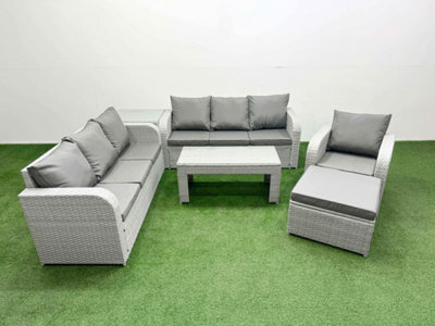 Fimous 8 Seater Poly Rattan Outdoor Garden Furniture Oblong Coffee Table Sofa Set Reclining Chair Big Footstool Side Table